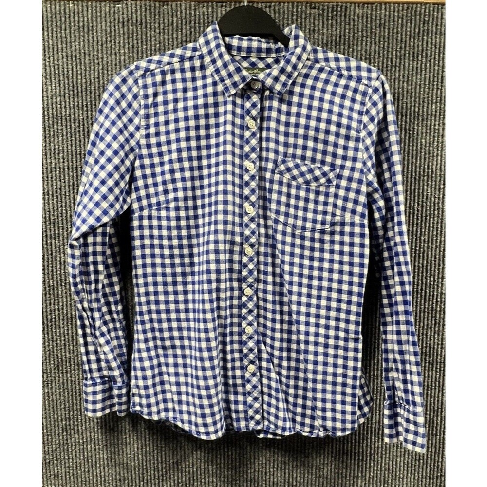 VTG Eddie Bauer Flannel Shirt Womens Medium Blue White Plaid Button Up Cotton